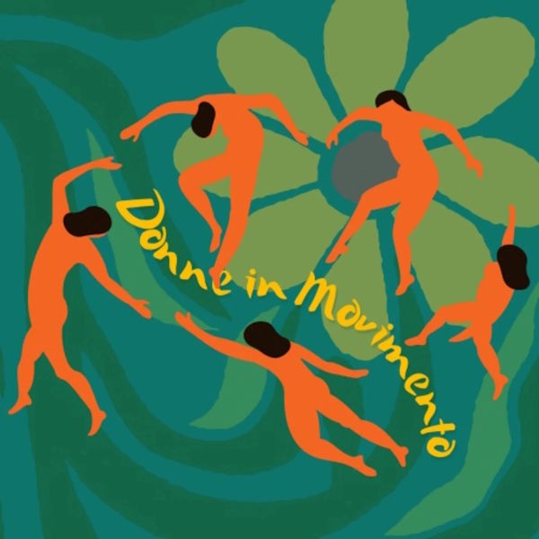 Copertina del brano 'Guerrilla Planting': illustrazione di figure danzanti color arancio attorno a un grande fiore verde, su sfondo verde petrolio, con la scritta 'Donne in Movimento'.